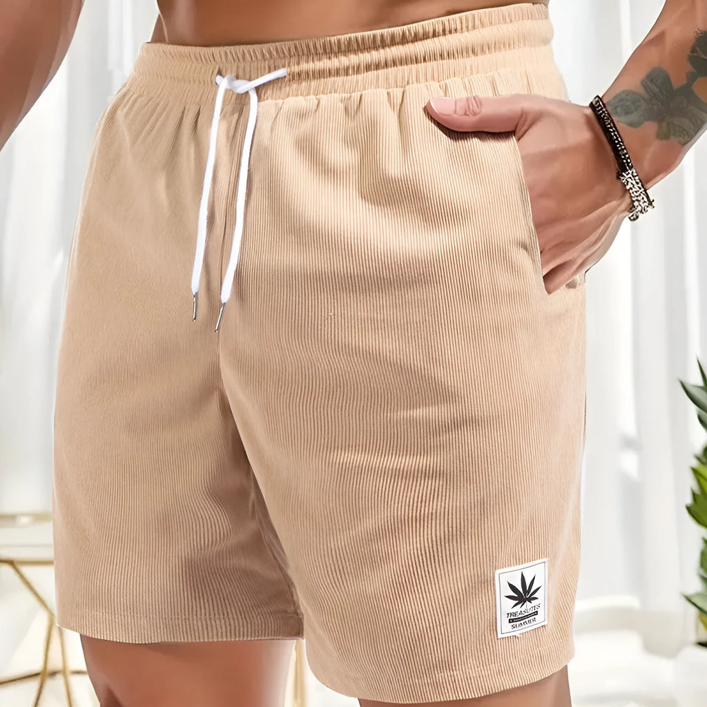 Men's straight-leg drawstring waist shorts in black, blue, khaki, and grey colours