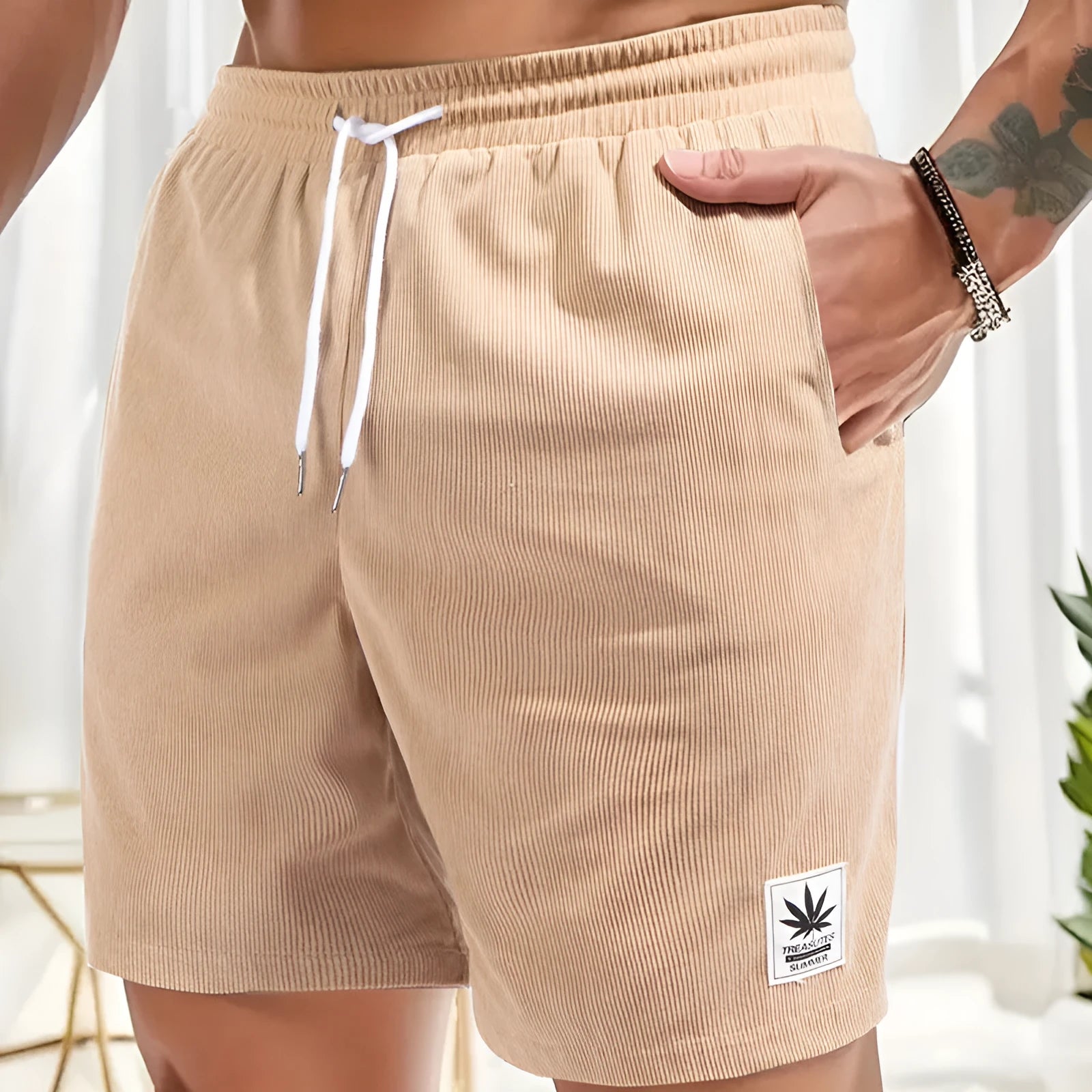 Men's straight-leg drawstring waist shorts in black, blue, khaki, and grey colours