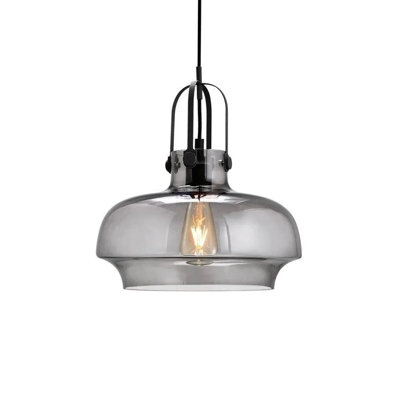 Retro industrial glass chandelier with warm light, available in three sizes and four glass colours for restaurant use