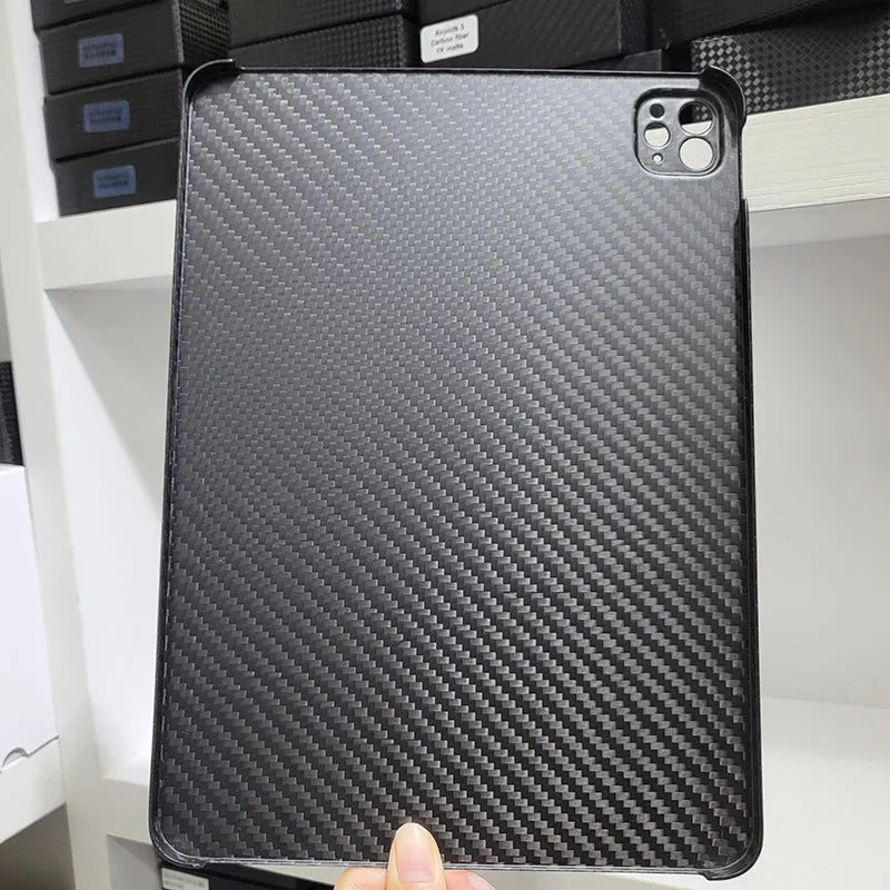 Carbon fibre flat hard protective cover for Apple iPad Pro 11 showing embossed plaid pattern.