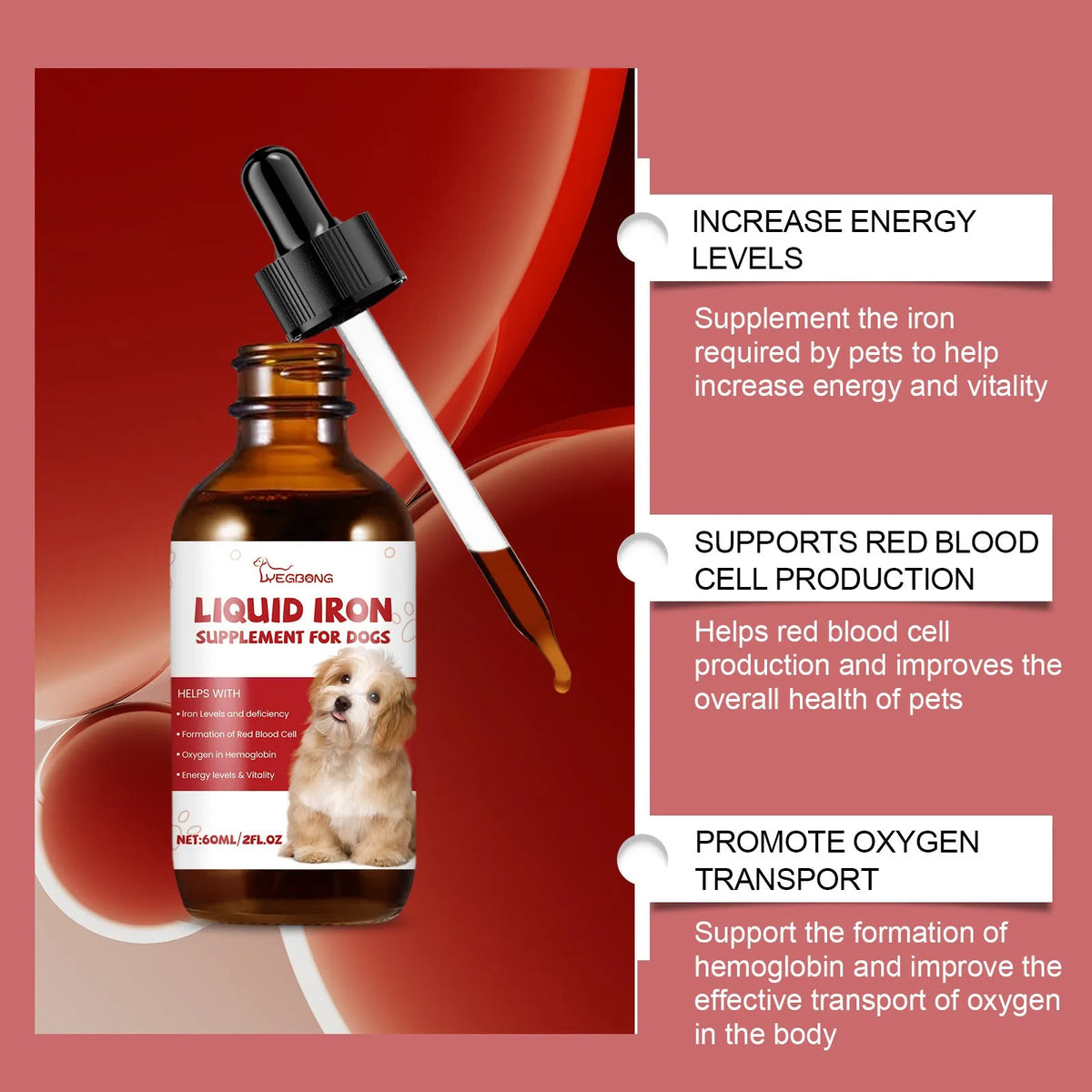 60ml pet dog syrup bottle with mint extract, purified water, and erythritol, measuring 3.3cm x 12cm