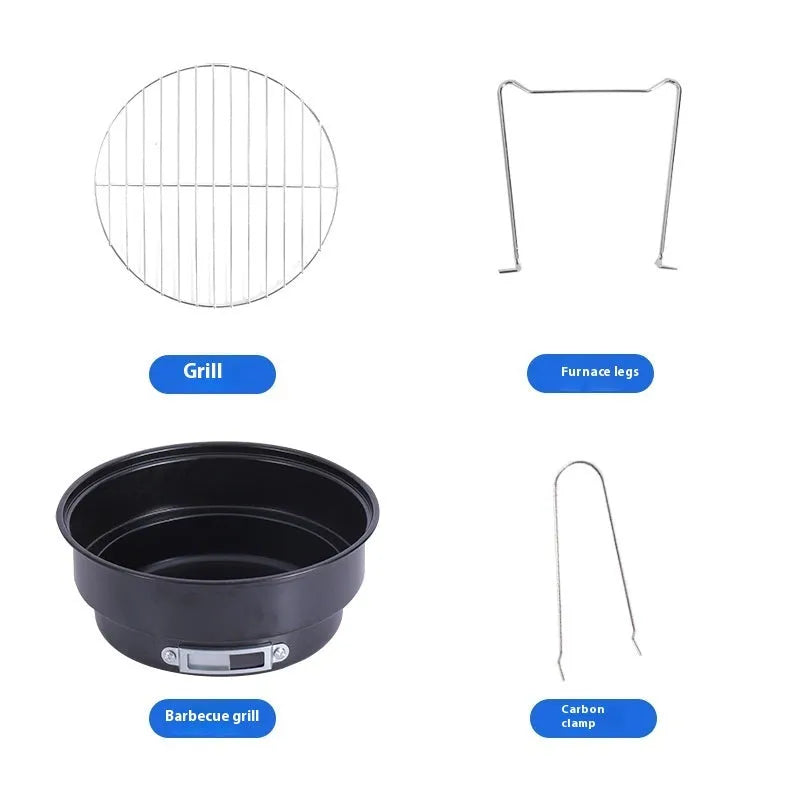Small round folding metal ice stove with grill and foldable legs packed in a carry bag.