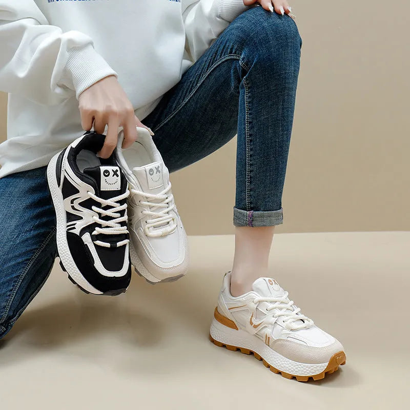 Women's flat-heel platform casual shoes in artificial PU with lace-up front
