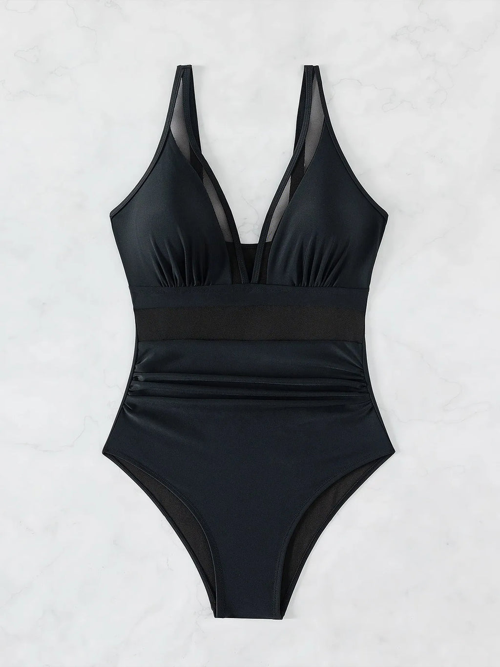 Black mesh halter one-piece swimsuit for women with briefs style and sleeveless design