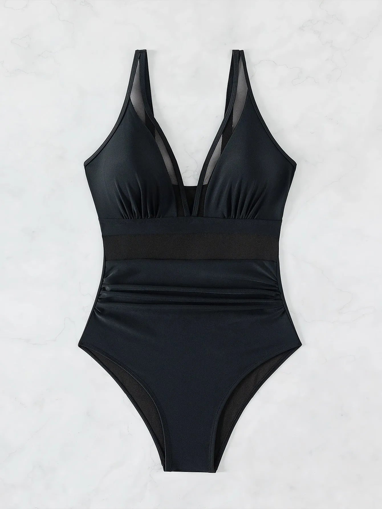 Black mesh halter one-piece swimsuit for women with briefs style and sleeveless design