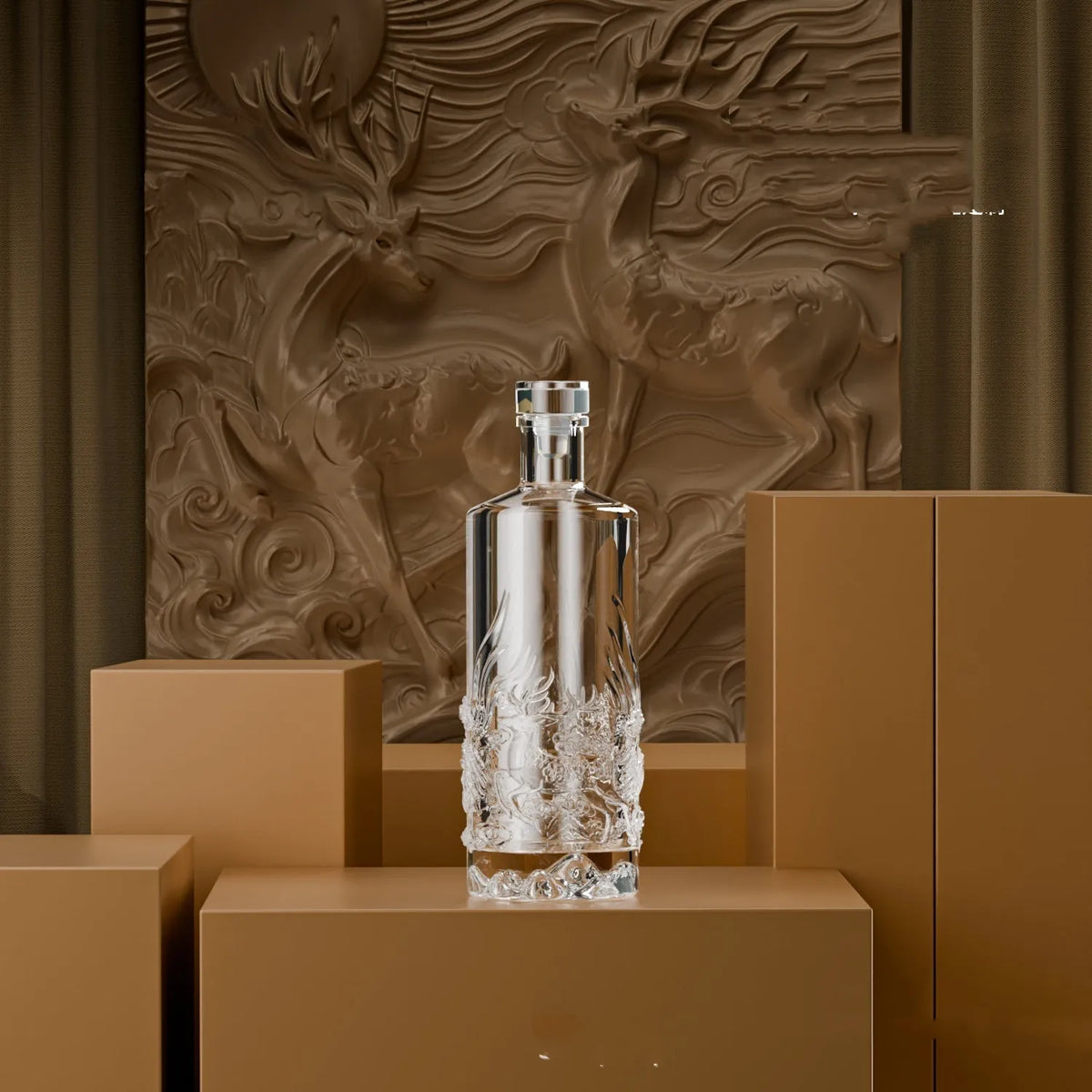 Two empty crystal glass wine bottles with two wine boxes and one handbag, traditional cylindrical shape for liquor
