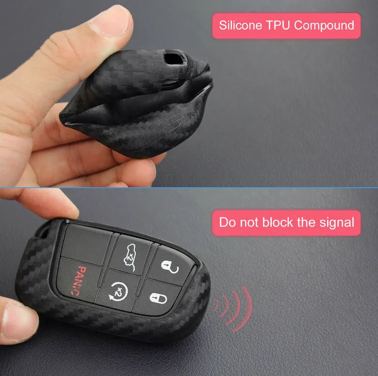 Carbon fibre pattern silicone protective case for a Dodge, Chrysler, or Fiat car key remote with a large head buckle.