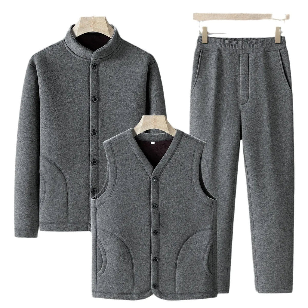 Men's large size dark gray velvet sport suit with long-sleeve coat and trousers, polyester fabric with wool lining