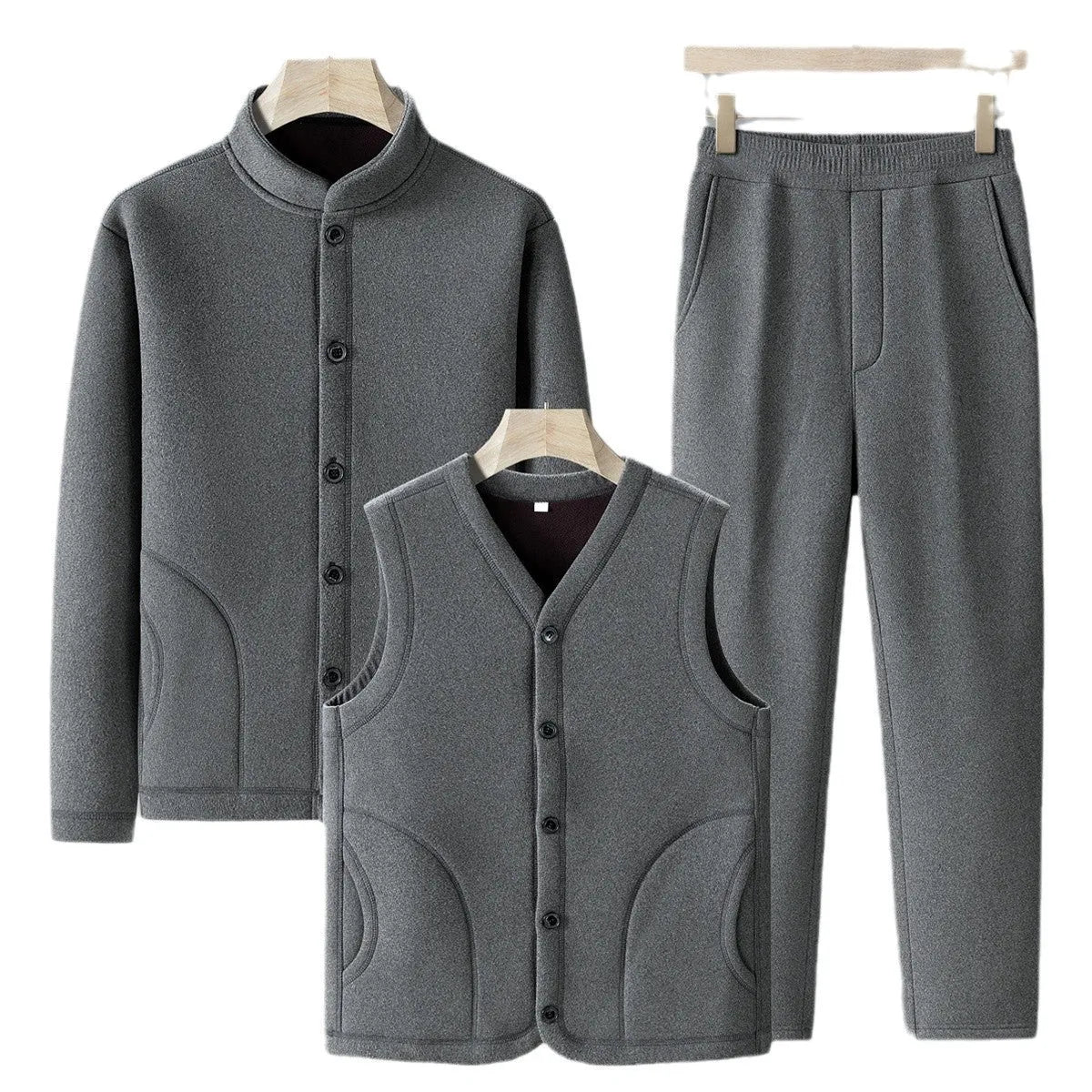 Men's large size dark gray velvet sport suit with long-sleeve coat and trousers, polyester fabric with wool lining