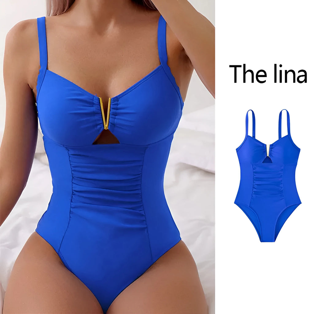 Womens one-piece bikini swimsuit with V-neck and pleated belly design in nylon.