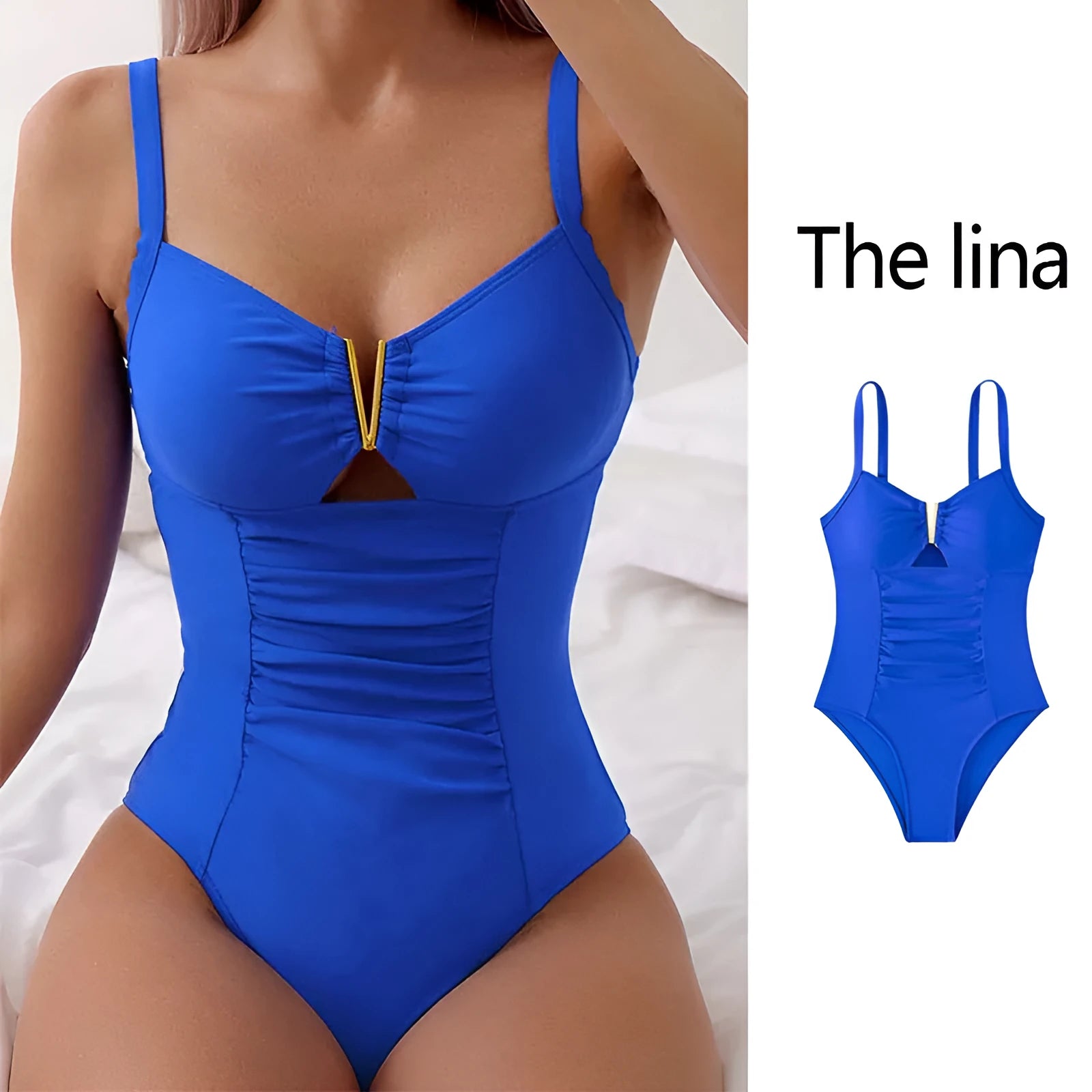 Womens one-piece bikini swimsuit with V-neck and pleated belly design in nylon.