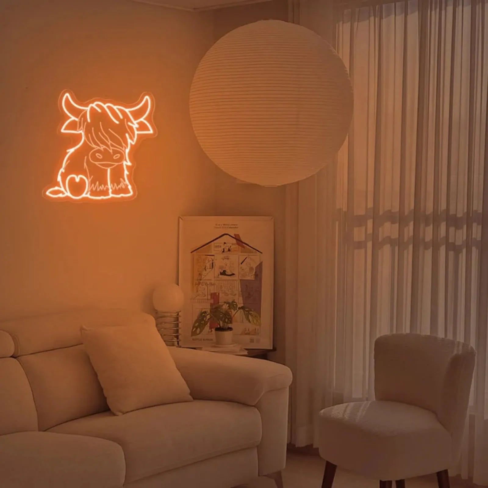 LED ambience light with highland cow acrylic design, USB plug-in, IP68 protection, PVC shell