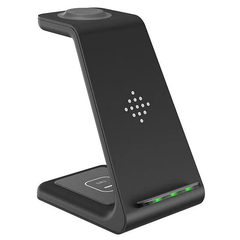 T3 wireless charging pad in black, white or grey colour next to UK or US fast charger plug for iPhone and Samsung phones.