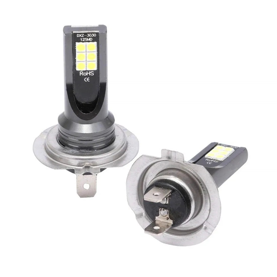 Close-up of an H7 LED fog light bulb with aluminium housing and multiple small LED chips visible.
