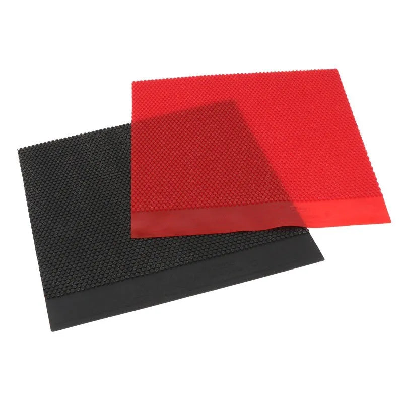 Single sheet of black and red raw rubber for table tennis rackets with a small pimple surface texture.