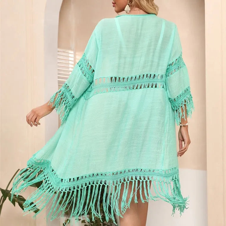 Hand crocheted acrylic beach cover-up cardigan with tassel trim in yellow colour
