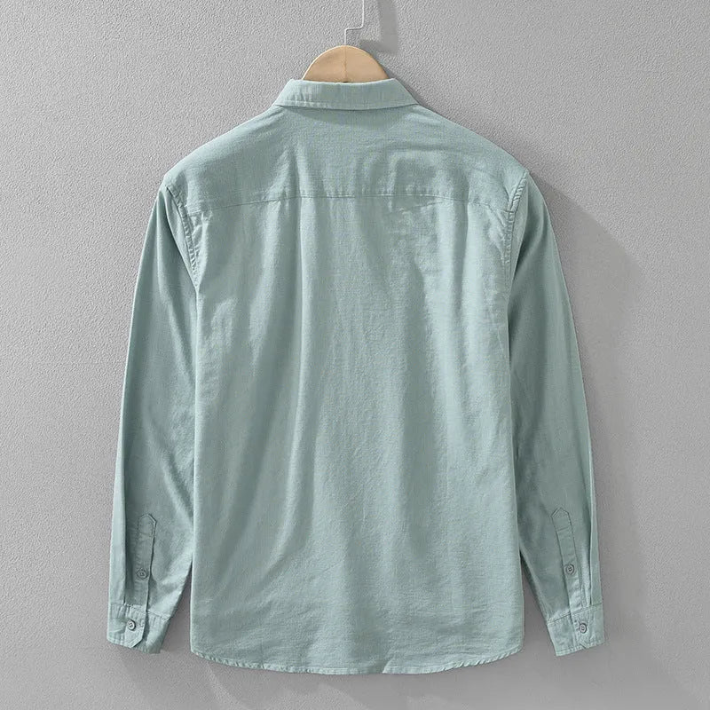 Men's Japanese cotton linen long sleeve loose cardigan blouse in light green