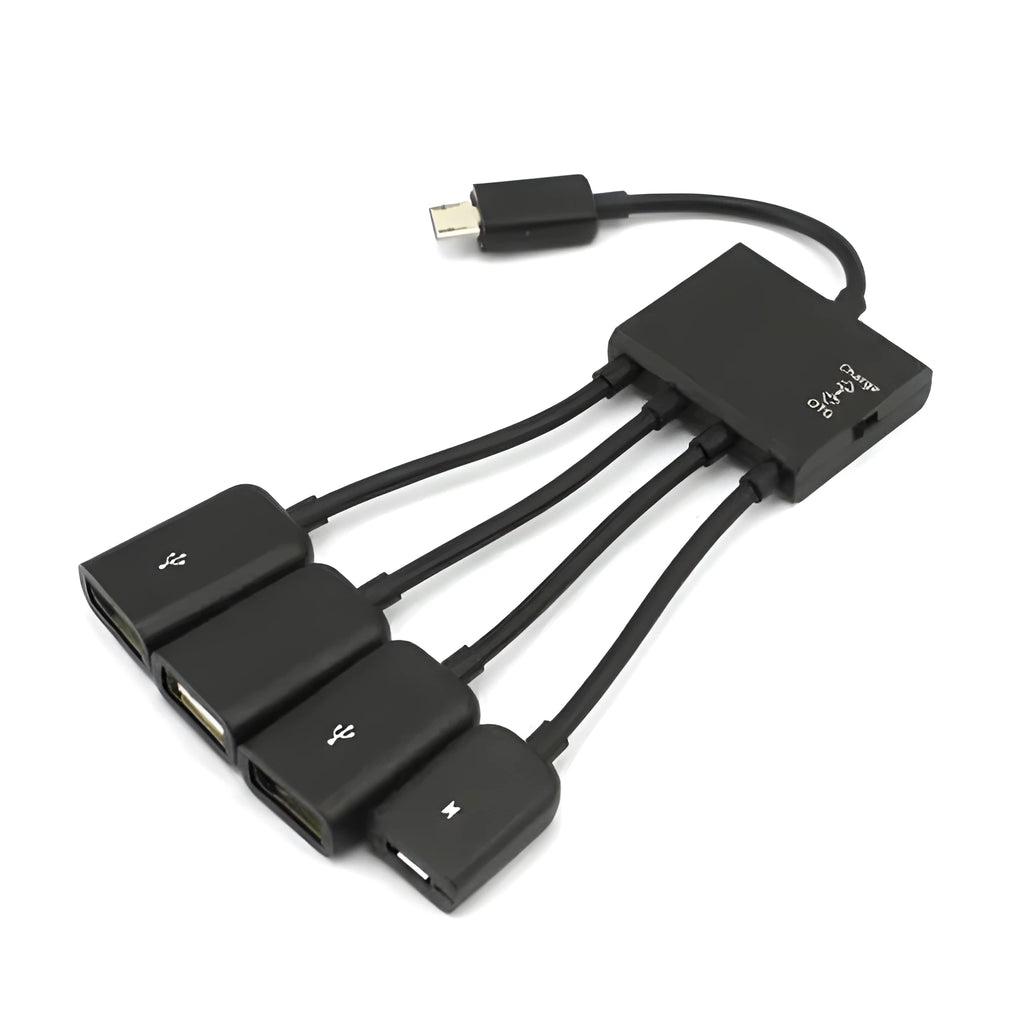 Black micro USB OTG one-to-four multi-port adapter with 0.25m cable for Android devices