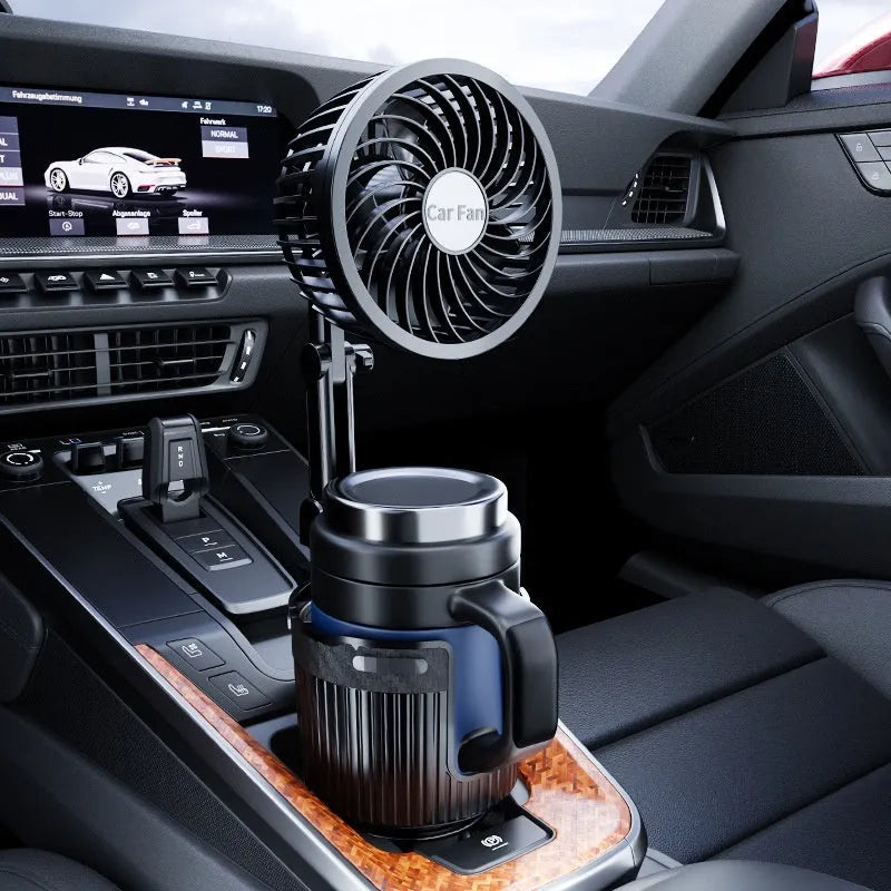 Portable ABS plastic fan unit designed to sit in a car cup holder, with options for 12V, 24V, or USB power.