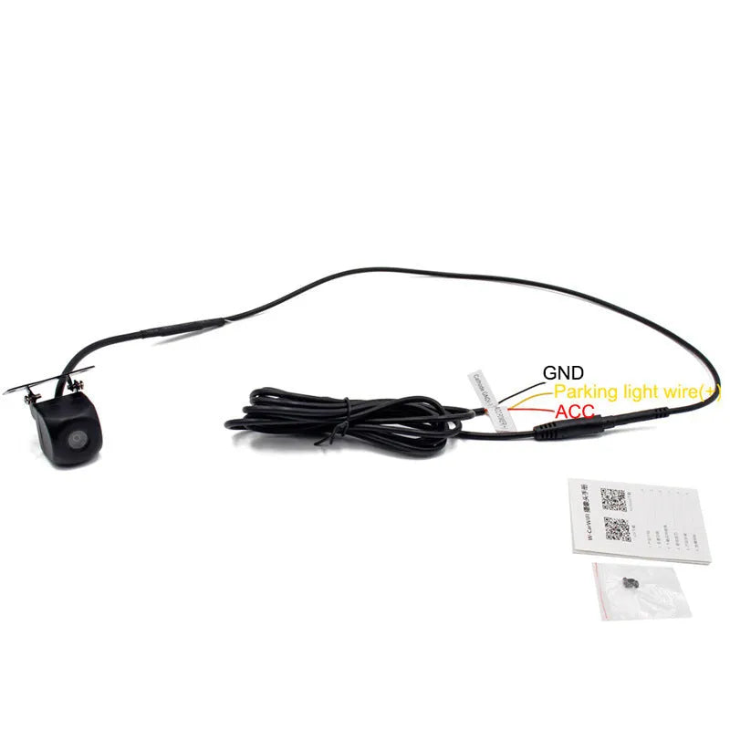 Black plastic car rear view camera with 170-degree wide angle, 720 resolution, IP67 rating, 12V WiFi, 100g