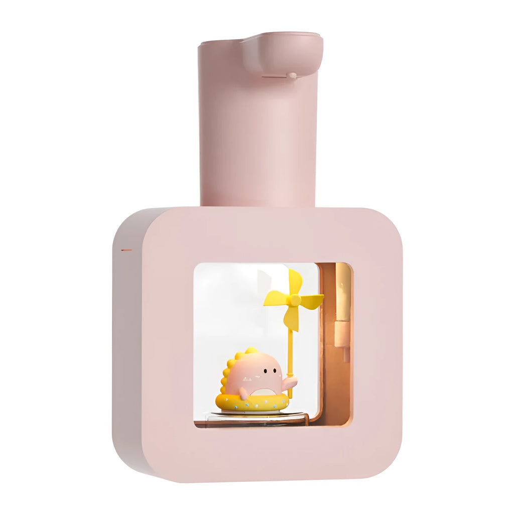 Pink automatic touchless soap dispenser with unicorn pet cube design for children's bathrooms