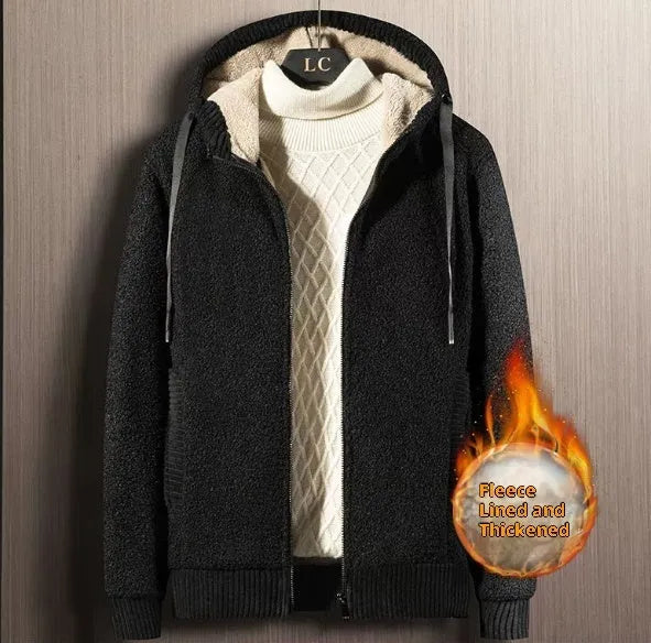 Men's fleece lined hooded zipper cardigan pullover in black with full front zip and hood