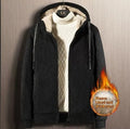 Men's fleece lined hooded zipper cardigan pullover in black with full front zip and hood
