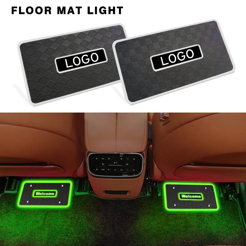 Car foot mat ambient light with Bluetooth RGB and acrylic leather panel showing plaid pattern