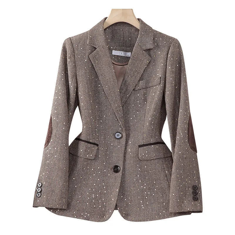 Women's Korean-style houndstooth blazer in coffee colour, long sleeve, polyester fabric, front view
