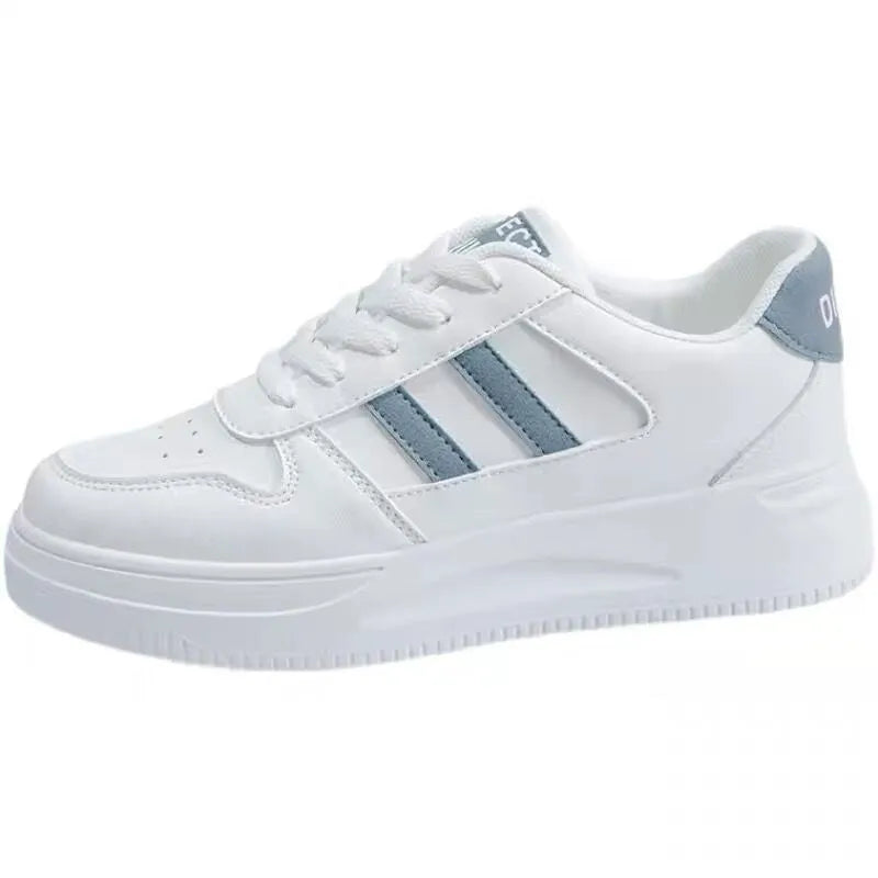 Women's casual sports sneakers with 3-5cm mid heel, artificial PU or mesh upper in white, blue or khaki, rubber sole