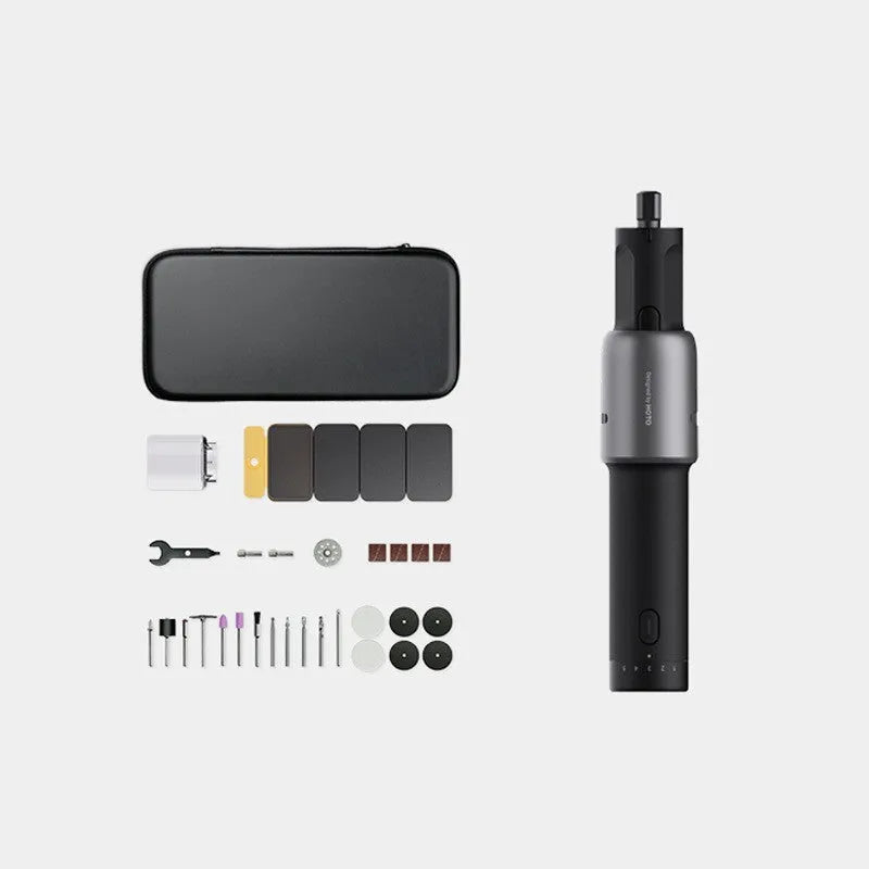 Black hand held rechargeable grinder 250g with USB charging and accessory set for cutting and polishing