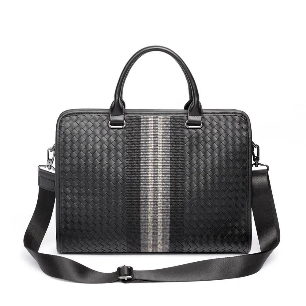 Black PU leather stitching woven business casual men's briefcase with shoulder strap and crossbody carry