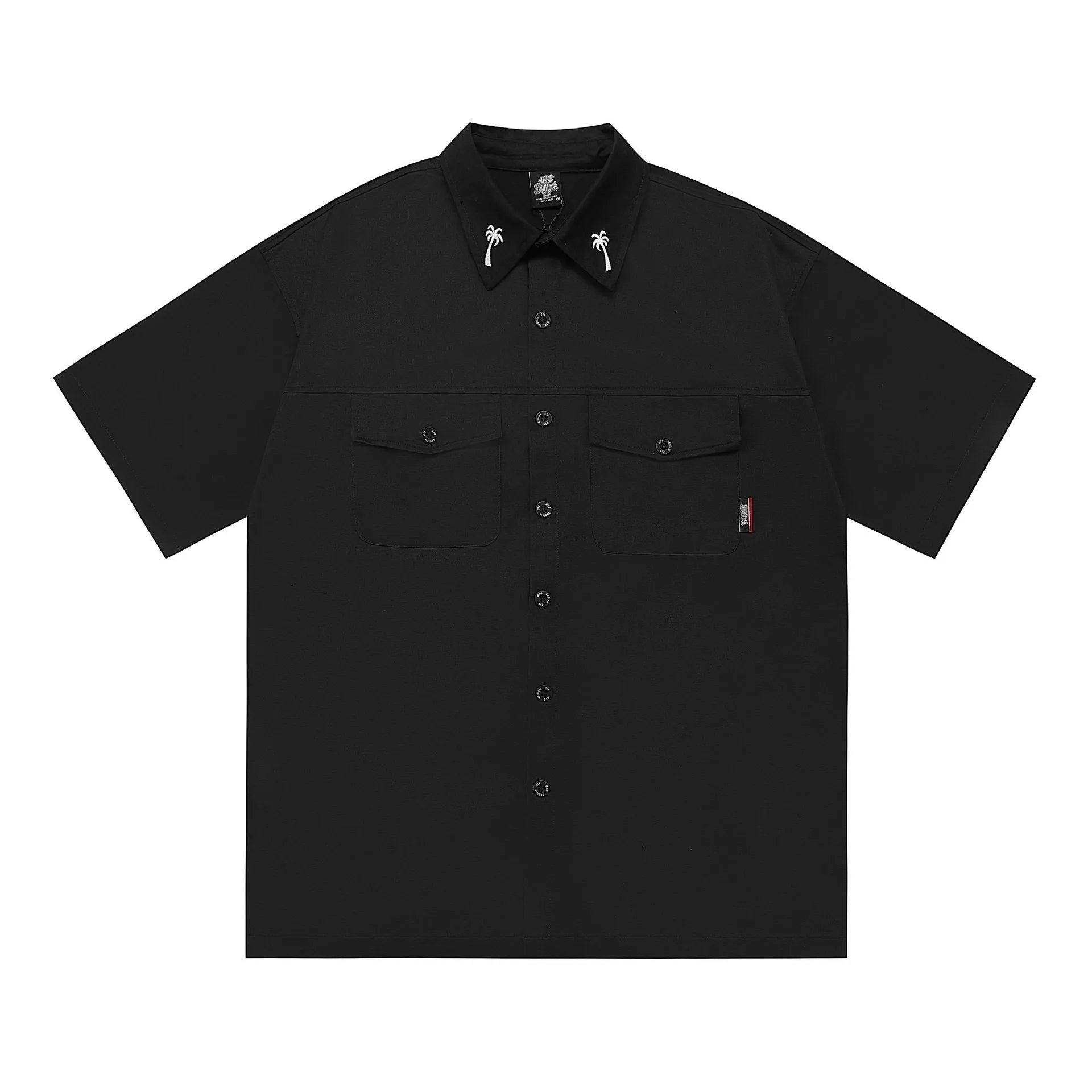 Man's black loose-fit pocket shirt with embroidery and half sleeves on a hanger.