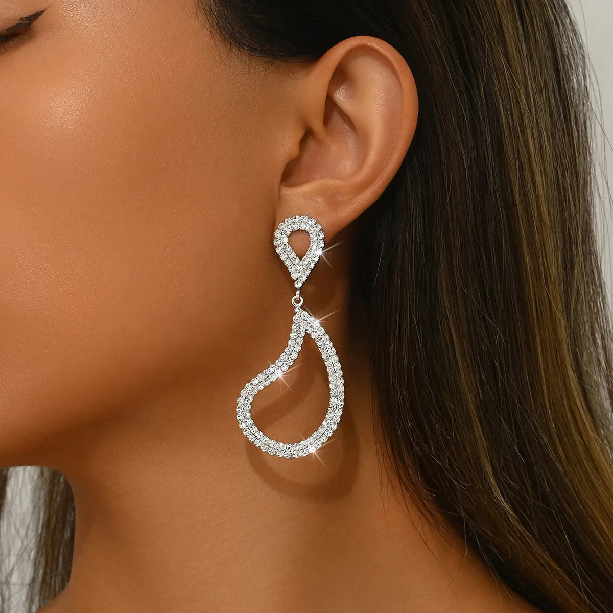 Geometric full diamond teardrop earrings for women silver copper row drilling European style 99 silver purity