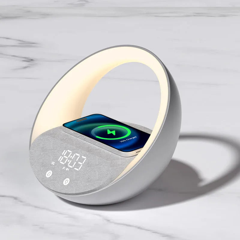 Beige or grey multifunctional Bluetooth speaker clock with wireless charging pad and digital display