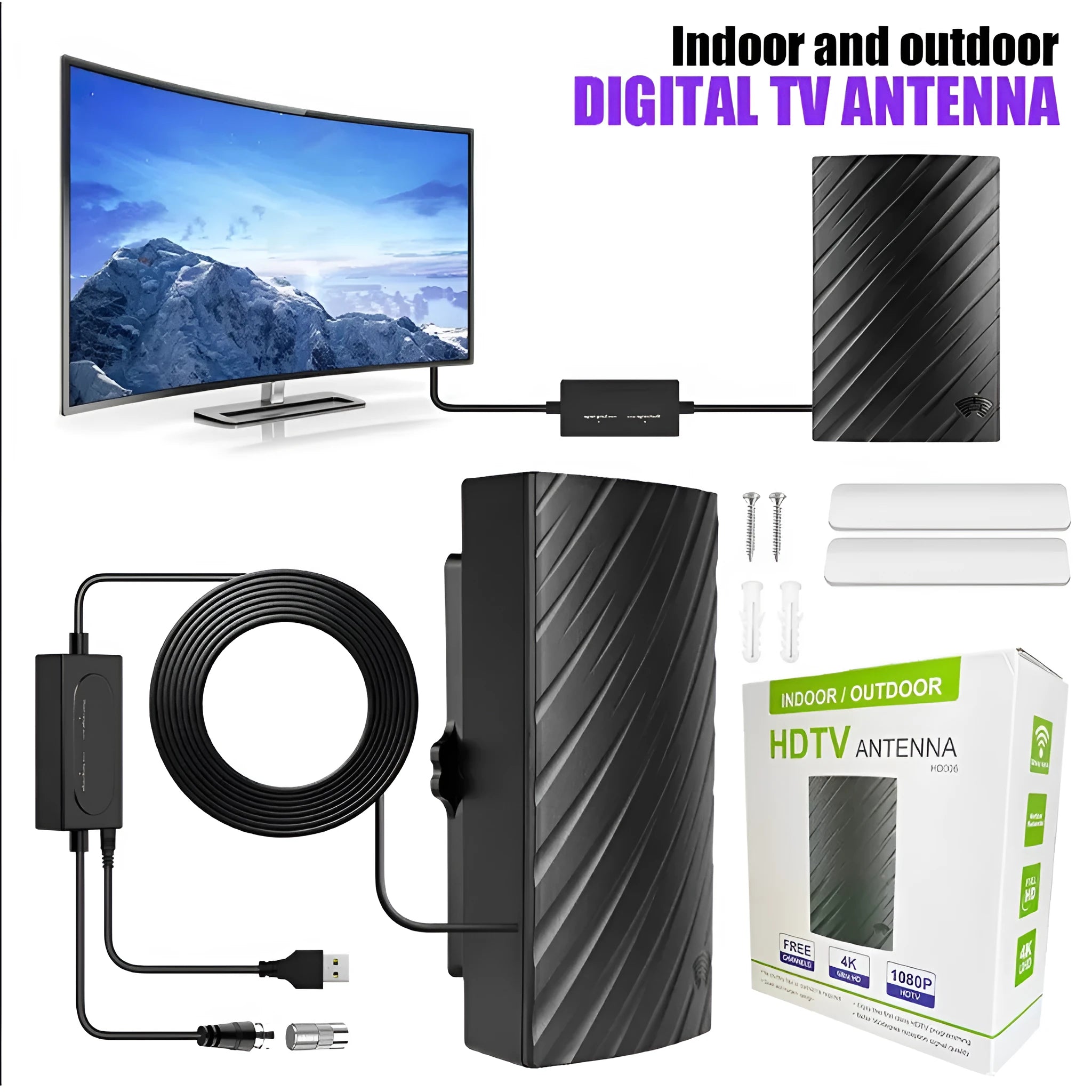 Black plastic digital HD television antenna with mounting screws, tubes, cable ties, and adhesive tape.