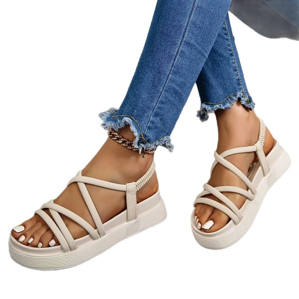Women's black platform non-slip casual sandals with PU upper and round toe
