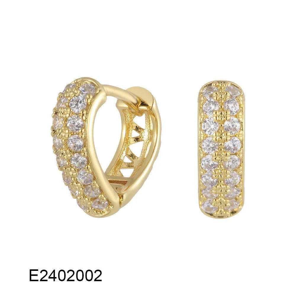 Brass gold plated heart-shaped ear clip earrings with zircon and gang drill details