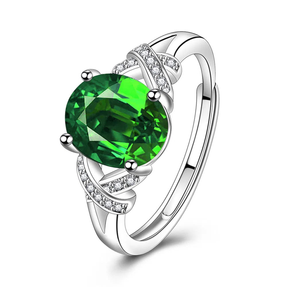 Adjustable open ring for women, copper with platinum electroplating, inlaid zircon cross, emerald tourmaline colour effect.