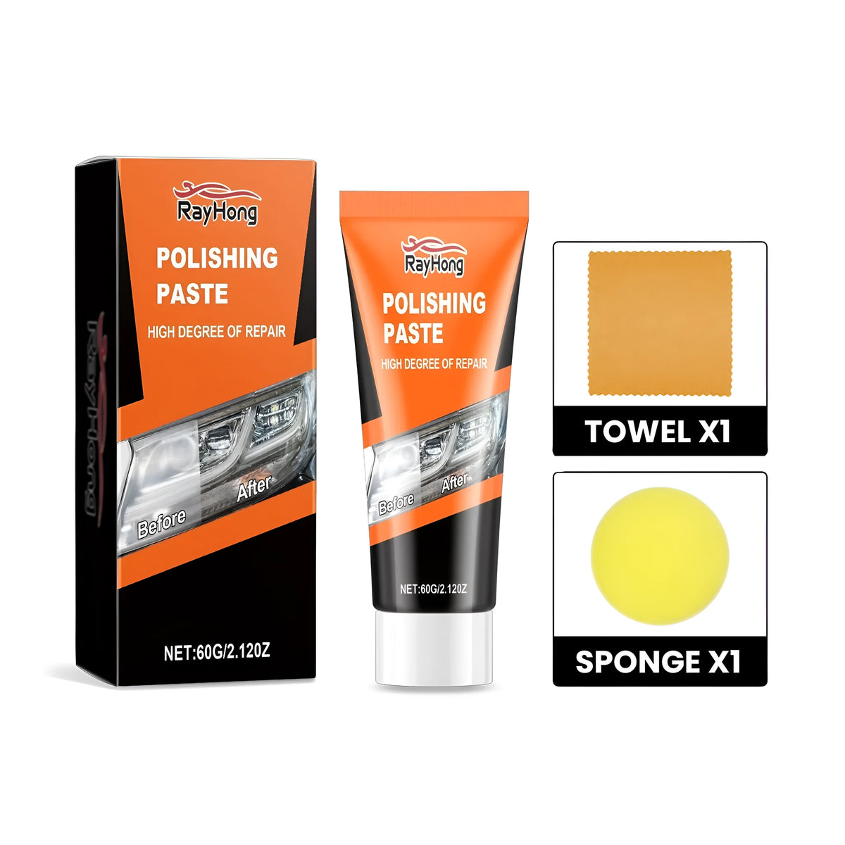 Car headlight refurbishment cream 60g kit with round sponge and 20x20cm towel