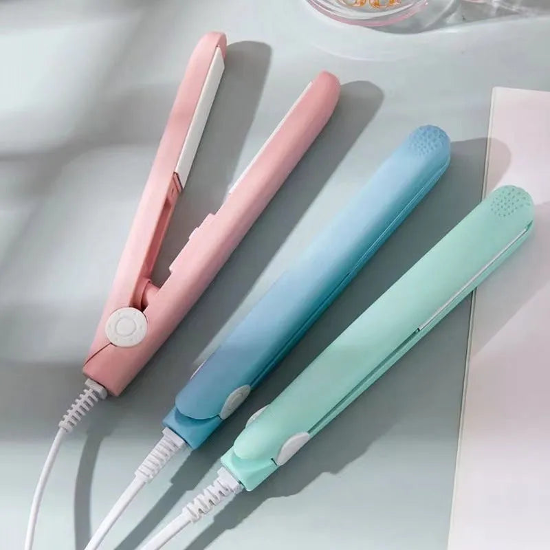 Mini hair straightener for bangs styling with storage box in blue, pink, purple, white, or yellow options