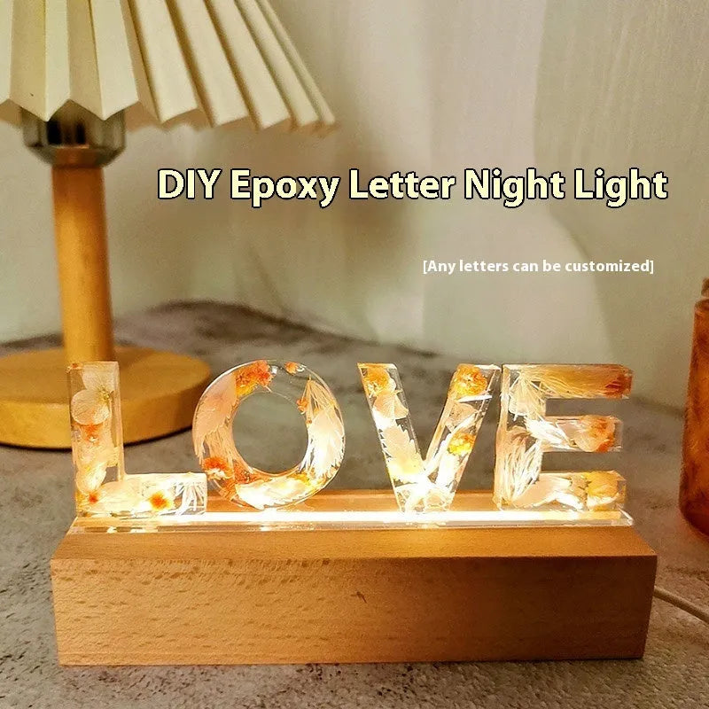 Letter small night lamp DIY kit with dried flowers, glue, tweezers, and mold in multiple colours