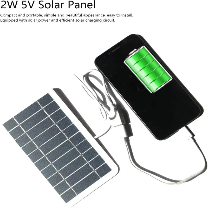 2W 5V portable solar panel charger with USB cable showing 157mm by 94mm dimensions