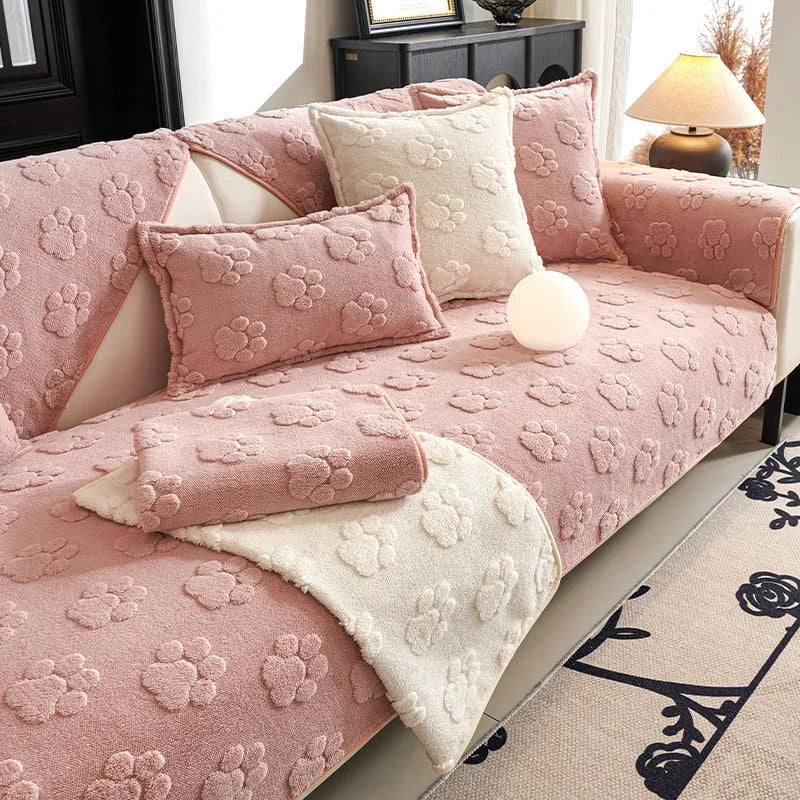 Thickened fleece non-slip sofa cushion in solid beige plush, square and rectangular sizes for sofa or dust cover use