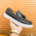 Men's black and brown fringed leather casual shoes with low heel and artificial PU upper in sizes 38 to 46
