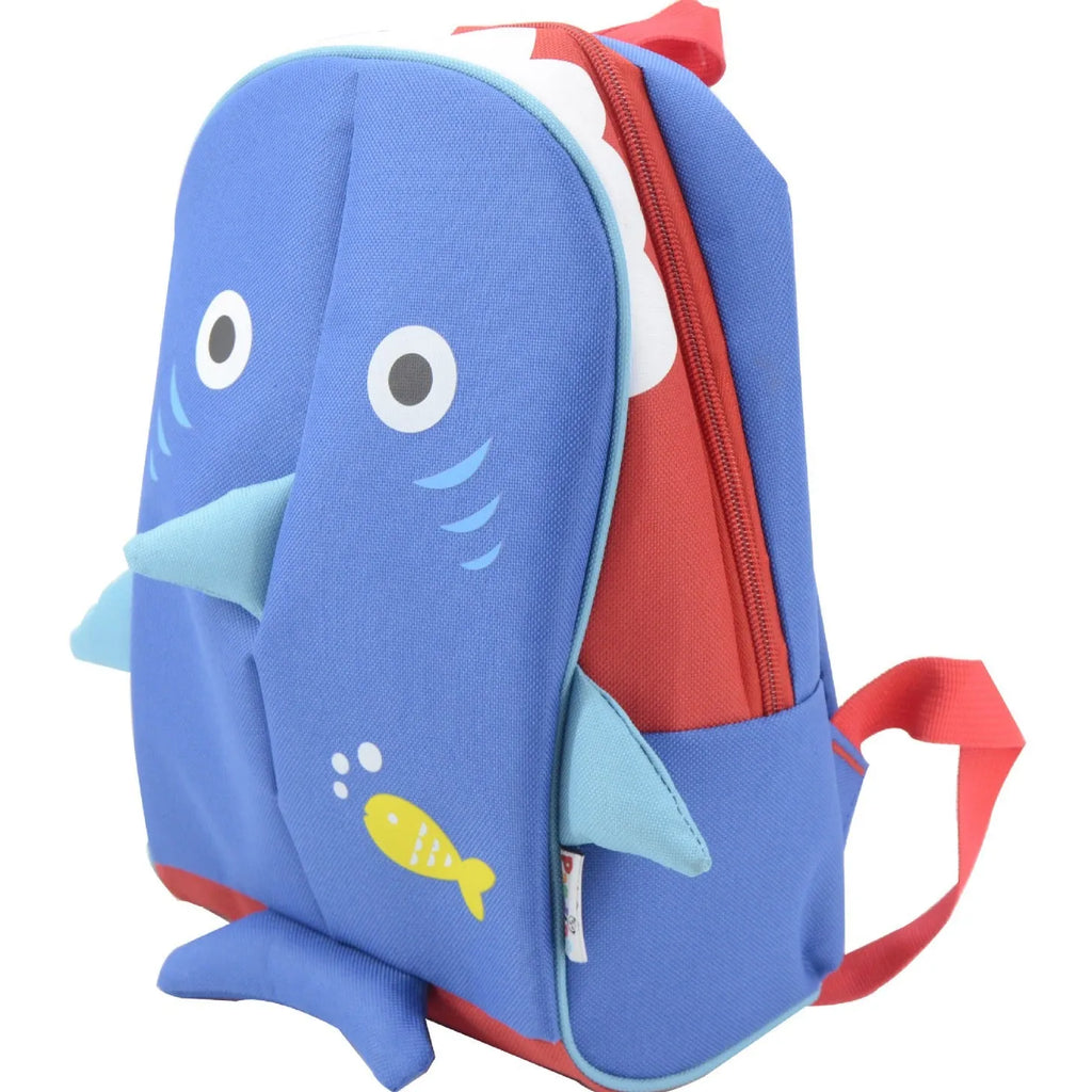 Blue children's schoolbag with animal pattern made from Oxford cloth, side view showing compact 29cm height