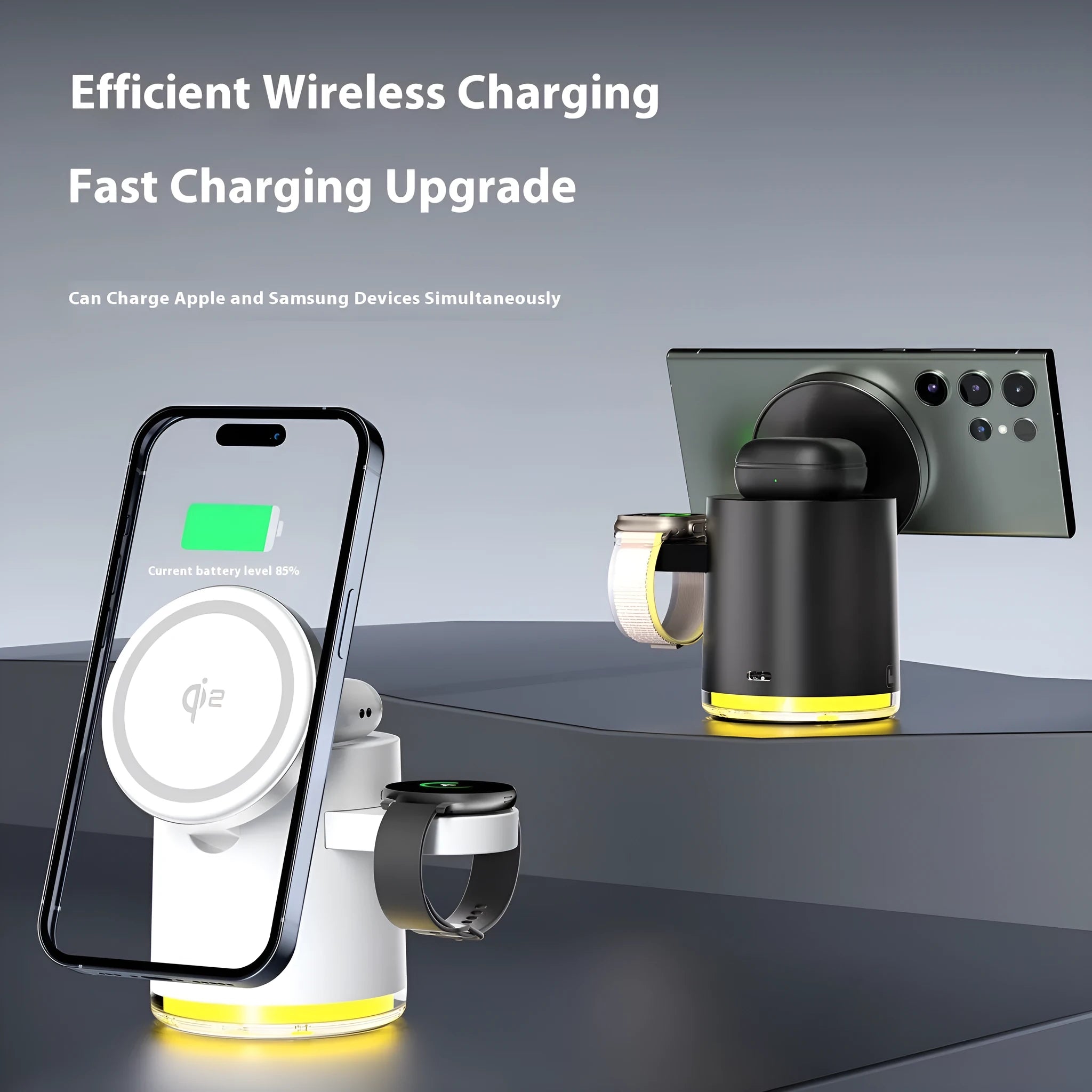 C16 portable magnetic folding three-in-one wireless charger in black or ivory white showing folded and unfolded positions
