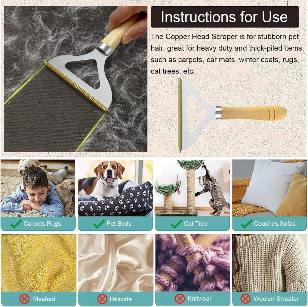 3-piece pet hair remover set showing metal lint shaver, silicone brush, and round ABS/TPR cleaner on a fabric surface.