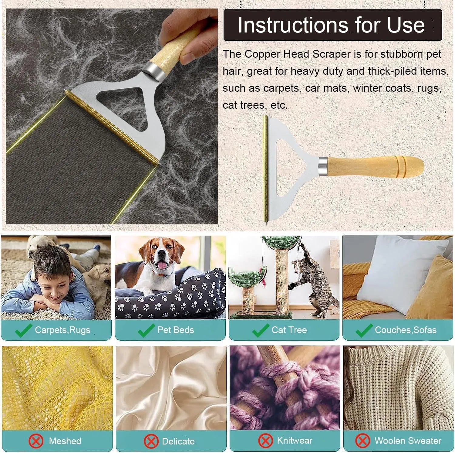3-piece pet hair remover set showing metal lint shaver, silicone brush, and round ABS/TPR cleaner on a fabric surface.