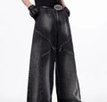 Korean style two-piece set with structure zipper wide leg pants and matching top in black and grey washed cotton denim